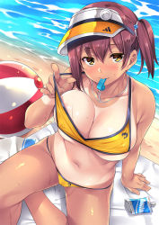 Rule 34 | 1girl, arm at side, arm support, ball, bare shoulders, beach, beachball, bikini, bikini pull, blush, breasts, brown hair, closed mouth, clothes pull, collarbone, day, hair between eyes, highres, large breasts, looking at viewer, mizuhara yuu, mouth hold, nail polish, navel, non-web source, one-piece tan, original, outdoors, pink nails, pointing, pointing at viewer, pussy juice, sand, short hair, side ponytail, sitting, solo, swimsuit, tan, tanline, untied bikini, visor cap, water, whistle, whistle around neck, yellow bikini, yellow eyes