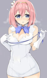 Rule 34 | 1girl, :o, bare shoulders, blue eyes, blush, breasts, cleavage, cosplay, covered navel, cowboy shot, dress, dungeon ni deai wo motomeru no wa machigatteiru darou ka, gloves, hairband, hand on own chest, hestia (danmachi), hestia (danmachi) (cosplay), looking at viewer, medium breasts, parted lips, pink hair, princess connect!, purple background, rei no himo, sasakura, short hair, simple background, skindentation, sleeveless, sleeveless dress, solo, steaming body, white gloves, yellow hairband, yui (princess connect)