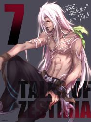 Rule 34 | 10s, abs, belt, brown eyes, copyright name, grey background, grey hair, highres, jewelry, long hair, necklace, open mouth, pants, shoes, tales of (series), tales of zestiria, tattoo, topless, very long hair, zaveid (tales)