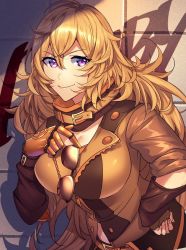 Rule 34 | 1girl, blonde hair, breasts, brick wall, check commentary, cleavage, commentary request, eyewear hang, graffiti, hand on own hip, jacket, leather, leather jacket, navel, prosthesis, prosthetic arm, purple eyes, rwby, smile, solo, sunglasses, title, unworn eyewear, yang xiao long