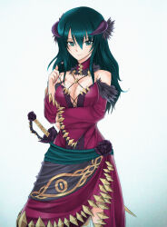 Rule 34 | 1girl, absurdres, black flower, black rose, breasts, cleavage cutout, clothing cutout, demon horns, detached sleeves, double-parted bangs, dress, flower, flower ornament, green eyes, green hair, hair between eyes, highres, horns, large breasts, long hair, looking at viewer, notejhay, original, rapier, rose, simple background, solo, sword, weapon, white background