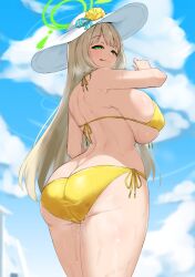 Rule 34 | 1girl, absurdres, aqua bow, beach, bikini, blonde hair, blue archive, blue sky, bow, breasts, butt crack, flower, front-tie bikini top, front-tie top, green eyes, green halo, halo, hand up, hat, hat flower, highres, large breasts, long hair, looking at viewer, looking back, noe (ppppriver), nonomi (blue archive), nonomi (swimsuit) (blue archive), official alternate costume, side-tie bikini bottom, sideboob, sky, solo, string bikini, sun hat, swimsuit, tongue, tongue out, wet, wet clothes, wet swimsuit, white hat, yellow bikini, yellow bow
