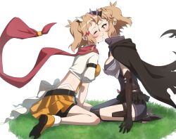 Rule 34 | 2girls, black cape, black gloves, blonde hair, blush, bodysuit, boots, breasts, cape, cleavage, closed eyes, commentary request, eyelashes, gloves, hair ornament, hairclip, happy, imminent kiss, large breasts, looking at another, multiple girls, orange skirt, red scarf, scarf, senki zesshou symphogear, senki zesshou symphogear xd unlimited, short hair, sitting, skirt, smile, tachibana hibiki (symphogear), tachibana hibiki (symphogear) (another), yellow eyes, yukitsuba hina, yuri