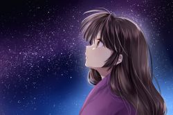 Rule 34 | 1girl, brown eyes, brown hair, closed mouth, expressionless, inuyasha, istriri, japanese clothes, kimono, long hair, looking up, night, outdoors, profile, sango (inuyasha), sky, solo, star (sky), star (symbol), starry sky, upper body