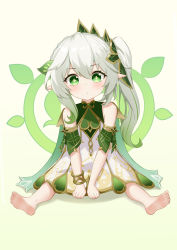 Rule 34 | 1girl, absurdres, barefoot, bracelet, cape, commentary request, detached sleeves, dress, full body, genshin impact, gradient background, gradient hair, green eyes, hair between eyes, hair ornament, highres, jewelry, long hair, looking at viewer, multicolored hair, nahida (genshin impact), pointy ears, short sleeves, side ponytail, sidelocks, simple background, sitting, solo, spread legs, symbol-shaped pupils, toes, v-shaped eyebrows, v arms, white dress, white hair, yaoli (ysxbd)