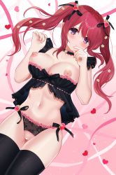 Rule 34 | 1girl, absurdres, babydoll, black choker, black panties, black ribbon, black thighhighs, blush, breasts, censored, choker, crotchless, crotchless panties, eyes visible through hair, flower, food, food on head, fruit, fruit on head, hair flower, hair ornament, hair ribbon, heart, heart censor, highres, koikeyaoishi, lace-trimmed sleeves, lace trim, large breasts, lingerie, long hair, looking at viewer, lying, navel, nipples, no bra, object on head, on back, original, panties, pink ribbon, purple eyes, pussy, red hair, ribbon, side-tie panties, solo, stomach, strawberry, swept bangs, thighhighs, twintails, underwear