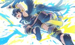Rule 34 | 1boy, angel, angel wings, armband, armlet, bike shorts, black hair, black wings, clenched hand, commentary request, dark pit, feathered wings, highres, kid icarus, kid icarus uprising, looking at viewer, male focus, nintendo, open mouth, red eyes, signature, solo, white background, wings, yukigi