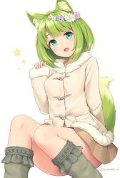 Rule 34 | 1girl, :d, animal ear fluff, animal ears, bob cut, brown skirt, closed mouth, coat, convenient leg, duffel coat, feet out of frame, flower, fox ears, fox tail, fur-trimmed coat, fur trim, green eyes, green fox (sasaame), green hair, grey coat, grey socks, hair flower, hair ornament, hand up, head tilt, head wreath, invisible chair, long sleeves, looking at viewer, medium hair, miniskirt, open mouth, original, pink flower, purple flower, sasaame, signature, simple background, sitting, skirt, sleeves past wrists, smile, socks, solo, tail, twitter username, white background, white flower