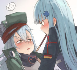 Rule 34 | 2girls, ?, artist name, bags under eyes, blue hair, blush, boca, brown eyes, closed mouth, ear blush, food, g11 (girls&#039; frontline), german flag, girls&#039; frontline, green eyes, green hat, hair between eyes, hat, hk416 (girls&#039; frontline), long hair, looking at another, looking away, motion lines, mouth hold, multiple girls, nose blush, open mouth, pocky, profile, spoken question mark, sweatdrop, upper body