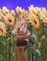 Rule 34 | 1boy, bad id, bad pixiv id, bell pepper, blonde hair, blue sky, caesar anthonio zeppeli, closed eyes, cucumber, day, eggplant, facial mark, feather hair ornament, field, flower, flower field, food, grin, hair ornament, headband, jojo no kimyou na bouken, male focus, pepper, shima (misima819), sky, smile, solo, sunflower, sunflower field, tank top, tomato, towel, vegetable, winged hair ornament