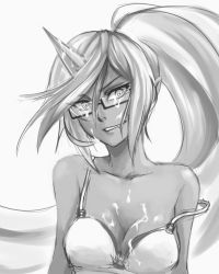 Rule 34 | 10s, 1girl, bra, breasts, cleavage, cum, cum on body, cum on breasts, cum on eyewear, cum on upper body, demon girl, face, facial, fang, glasses, greyscale, grin, horns, kneesocks (psg), lingerie, long hair, monochrome, panty &amp; stocking with garterbelt, pas (paxiti), pointy ears, ponytail, ringed eyes, single horn, smile, solo, strap slip, underwear