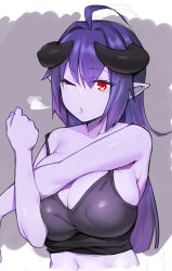 Rule 34 | 1girl, absurdres, ahoge, arunira, bare shoulders, breasts, brll, camisole, cleavage, colored skin, demon girl, demon horns, grey background, hair intakes, hand up, highres, horns, huge breasts, long hair, looking at viewer, navel, one eye closed, original, parted lips, pointy ears, purple hair, purple skin, purple skirt, red eyes, skirt, slit pupils, solo, spaghetti strap, strap slip, stretching, upper body