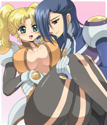 Rule 34 | 00s, 2girls, :d, androgynous, ass, blonde hair, blue eyes, blue hair, blush, bodysuit, breasts, carrying, center opening, couple, covered erect nipples, curvy, green eyes, hair over one eye, huge ass, impossible clothes, inaho, large breasts, legs, luna (godannar), multiple girls, no bra, open mouth, pilot suit, princess carry, red eyes, reverse trap, shadow (godannar), shinkon gattai godannar!!, shiny clothes, short hair, skin tight, smile, thick thighs, thighs, turtleneck, twintails, yuri