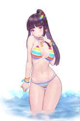 Rule 34 | 1girl, bikini, black hair, blade &amp; soul, blunt bangs, blush, breasts, cleavage, contrapposto, earrings, finger to mouth, highres, jewelry, jin (blade &amp; soul), large breasts, long hair, loooup, navel, ponytail, purple eyes, sample watermark, sidelocks, siun, solo, striped bikini, striped clothes, swimsuit, thigh gap, watermark