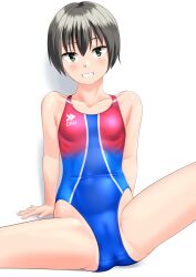 Rule 34 | 1girl, absurdres, black hair, blue one-piece swimsuit, breasts, cameltoe, collarbone, commentary request, competition swimsuit, green eyes, grin, highres, logo, looking at viewer, multicolored clothes, multicolored swimsuit, one-piece swimsuit, original, short hair, simple background, small breasts, smile, solo, spread legs, standing, swimsuit, takafumi, tomboy, variant set, white background