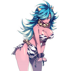 Rule 34 | 1girl, absurdres, animal print, aqua hair, artist request, bare shoulders, beads, bikini, bikini top only, blue eyes, blue hair, blush, breasts, broken, broken chain, chain, chain, cleavage, colored eyelashes, cowboy shot, cuffs, dark-skinned female, dark skin, fang, female focus, gradient hair, hair over one eye, highres, horns, keikonkei folklore, large breasts, leaning forward, loincloth, long hair, matching hair/eyes, multicolored hair, official art, okuraki, oni horns, open mouth, own hands together, shackles, simple background, solo, standing, swimsuit, tears, tiger print, v arms, wavy mouth, white background, white hair