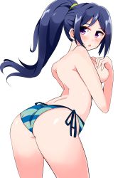 Rule 34 | 10s, 1girl, absurdres, arched back, ariaridoradora, ass, back, bikini, bikini bottom only, blue hair, blush, breasts, covering privates, covering breasts, cowboy shot, from behind, highres, long hair, looking back, love live!, love live! school idol festival, love live! sunshine!!, matsuura kanan, open mouth, ponytail, purple eyes, side-tie bikini bottom, simple background, solo, standing, swimsuit, topless, white background