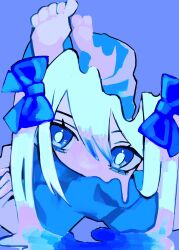 Rule 34 | 1girl, blue background, blue bow, blue eyes, blue hair, blue theme, bow, bright pupils, covering own mouth, feet, hair between eyes, hair bow, head tilt, highres, legs up, light blue hair, looking at viewer, lying, melting, on stomach, original, puddle, solo, toes, twintails, urokogaran, white pupils