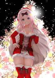 Rule 34 | 1girl, absurdres, backlighting, bare shoulders, belt, black bow, blue eyes, blush, boots, bow, breasts, christmas, christmas tree, cleavage, collarbone, commentary request, cross-laced footwear, dress, fujiwara chika, gibun (sozoshu), grin, hair bow, hand on own hip, highres, kaguya-sama wa kokurasetai ~tensai-tachi no renai zunousen~, lace-up boots, long hair, looking at viewer, pink hair, red footwear, red thighhighs, revision, santa costume, smile, solo, thigh boots, thighhighs, thighhighs under boots, thighs, white thighhighs, zettai ryouiki