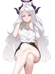 Rule 34 | 1girl, absurdres, adjusting hair, ahoge, ass, bare legs, black skirt, blue archive, breasts, commentary request, crossed legs, curled horns, demon girl, demon horns, ethan69 (anhuzart), expressionless, feet out of frame, forehead, gradient background, grey hair, hair ornament, hairclip, halo, heart, highres, hina (blue archive), horns, invisible chair, long hair, looking at viewer, multiple horns, open collar, parted bangs, ponytail, purple eyes, shirt, shirt tucked in, sidelocks, simple background, sitting, skirt, sleeveless, slit pupils, small breasts, solo, spoken expression, spoken heart, sweatdrop, tucking hair, very long hair, white background, white hair, white shirt