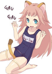 Rule 34 | 1girl, animal ears, barefoot, between legs, blue eyes, blue one-piece swimsuit, covered navel, farfalia, farfalla, flat chest, gao, lion ears, lion tail, long hair, name tag, onaka itai, one-piece swimsuit, paw pose, pink hair, pop-up story, school swimsuit, simple background, sketch, solo, swimsuit, tail, tail between legs, white background