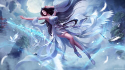 Rule 34 | 1girl, absurdres, armpits, arms up, bare legs, bayue changan, blue hair, breasts, closed mouth, cloud, earrings, falling feathers, feathers, floating, floating object, floating sword, floating weapon, highres, incredibly absurdres, jewelry, large breasts, leg up, long hair, looking to the side, lu xueqi (zhu xian), mature female, moon, mountain, night, solo, sword, weapon, white footwear, zhu xian