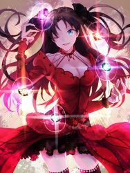 Rule 34 | 1girl, ;), black hair, blue eyes, breasts, cleavage, dress, fate/grand order, fate/stay night, fate (series), gem, hair ribbon, long hair, official alternate costume, one eye closed, open mouth, ribbon, smile, solo, thighhighs, tohsaka rin, tohsaka rin (formalcraft), two side up, wowishi, zettai ryouiki
