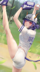 Rule 34 | 2girls, alternate costume, amiya (arknights), arknights, arms up, ass, ball, bare legs, baseball, baseball cap, baseball glove, baseball uniform, blue footwear, blue hair, blurry, blurry background, blush, breasts, ch&#039;en (arknights), clothes writing, commentary, cowboy shot, day, dragon horns, dragon tail, has bad revision, has downscaled revision, hat, heart, highres, holding, holding ball, horns, horns through headwear, jay xu, leaf, leg up, looking at viewer, md5 mismatch, midriff peek, multiple girls, outdoors, parted lips, red eyes, resolution mismatch, shirt, shoes, short hair, short shorts, short sleeves, shorts, signature, small breasts, source smaller, sportswear, standing, standing on one leg, tail, thighs, translation request, white shirt, white shorts