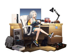 Rule 34 | 1girl, absurdres, animal, arm support, backpack, bag, black cat, black footwear, black jacket, breasts, cat, chair, cleavage, commentary request, computer, computer tower, copyright request, desk, desk lamp, highres, holding, jacket, lamp, long sleeves, medium breasts, monitor, off shoulder, office chair, on chair, open clothes, open jacket, overall skirt, shoes, simple background, sleeves past wrists, solo, swivel chair, syaoranen, white background, wooden floor