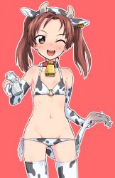 Rule 34 | 1girl, 2021, ;d, animal ears, animal print, bikini, blush, bottle, breasts, brown eyes, brown hair, commentary request, cow ears, cow horns, cow print, cow print bikini, cow tail, cowboy shot, dated, ear tag, elbow gloves, fake animal ears, fake horns, girls und panzer, gloves, groin, half gloves, hand on own hip, holding, holding bottle, holding tail, horns, kadotani anzu, long hair, looking at viewer, lowleg, lowleg bikini, milk bottle, monolith (suibou souko), new year, o-ring, o-ring bikini, one eye closed, open mouth, parted bangs, print bikini, print gloves, print thighhighs, red background, side-tie bikini bottom, simple background, small breasts, smile, solo, standing, swimsuit, tail, thighhighs, twintails, white bikini, white gloves, white thighhighs