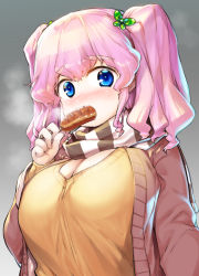 Rule 34 | 1girl, blue eyes, blush, breasts, brown jacket, butterfly hair ornament, cleavage, commentary request, eating, food, gradient background, grey background, hair ornament, holding, holding food, jacket, large breasts, long hair, long sleeves, looking at viewer, low neckline, nose blush, open clothes, open jacket, original, pink hair, sakimori dan, sausage, scarf, shirt, solo, steam, striped clothes, striped scarf, tareme, thick eyebrows, twintails, upper body, yellow shirt