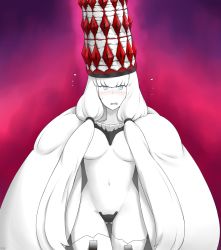 Rule 34 | 10s, 1girl, absurdres, abyssal ship, aura, blue eyes, blush, boots, breasts, c-string, cape, colored skin, commentary request, cowboy shot, crossover, demon pillar (fate), fate/grand order, fate (series), gluteal fold, hair censor, hamu koutarou, hat, highres, kantai collection, long hair, naked cape, navel, northern water princess, open mouth, solo, strapless bottom, thigh boots, thigh gap, thighhighs, wavy mouth, white hair, white skin