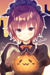Rule 34 | 1girl, bat wings, black dress, black wings, blush, bow, bowtie, brown hair, closed mouth, collared dress, commentary request, diagonal stripes, dress, green eyes, hair between eyes, half-closed eyes, hand up, head wings, jack-o&#039;-lantern, juliet sleeves, long sleeves, looking at viewer, nanohana kohina, orange bow, orange bowtie, original, puffy sleeves, signature, solo, striped, upper body, wings