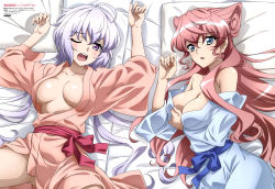 Rule 34 | 2girls, absurdres, ahoge, blue eyes, blue kimono, breast hold, breasts, highres, j.h., japanese clothes, kimono, large breasts, light purple hair, long hair, looking at viewer, low twintails, maria cadenzavna eve, multiple girls, no bra, official art, open clothes, open shirt, pink hair, pink kimono, purple eyes, scan, senki zesshou symphogear, shiny skin, topless, twintails, very long hair, wide sleeves, yukata, yukine chris