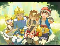 Rule 34 | 2boys, 2girls, :d, absurdres, ahoge, anniversary, ash ketchum, bag, blonde hair, blue eyes, blue vest, bonnie (pokemon), bracelet, brown shirt, clemont (pokemon), commentary request, creatures (company), day, dedenne, earrings, fingerless gloves, game freak, gen 1 pokemon, gen 6 pokemon, glasses, gloves, grin, hat, highres, jewelry, ketchup bottle, looking at viewer, multiple boys, multiple girls, nintendo, open clothes, open mouth, open vest, outdoors, pikachu, pink footwear, podayo po, pokemon, pokemon (anime), pokemon (creature), pokemon journeys, pokemon on leg, pokemon swsh105, pokemon xy (anime), red headwear, round eyewear, serena (pokemon), shirt, shoes, short sleeves, shorts, sitting, skirt, sleeveless, sleeveless shirt, smile, sweater vest, t-shirt, teeth, thighhighs, tongue, upper teeth only, vest, white skirt
