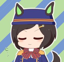 Rule 34 | 1girl, :3, animal ears, black hair, blue background, blue headwear, blue jacket, blush, bow, chibi, closed eyes, closed mouth, ears through headwear, epaulettes, facing viewer, gomashio (goma feet), green background, hair ornament, hairclip, horse ears, horse girl, horse tail, jacket, outline, red bow, solo, striped background, striped bow, swept bangs, tail, two-tone background, umamusume, upper body, v-shaped eyebrows, white outline, winning ticket (umamusume)