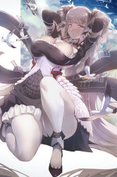Rule 34 | 1girl, absurdly long hair, aircraft, airplane, azur lane, between breasts, biplane, bird, black dress, black ribbon, blue sky, blush, breasts, cleavage, cloud, dress, fairey swordfish, flight deck, formidable (azur lane), frilled dress, frills, full body, gothic lolita, grey hair, hair ribbon, hands in hair, highres, huge breasts, kylezhang42, lolita fashion, long hair, looking at viewer, pantyhose, red eyes, ribbon, sky, solo, twintails, two-tone dress, two-tone ribbon, very long hair, white bird, white pantyhose