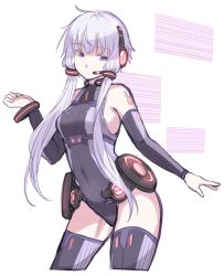 Rule 34 | 1girl, ahoge, alternate costume, arm tattoo, bare shoulders, bracelet, breasts, bright pupils, closed mouth, collar, contrapposto, covered navel, cropped legs, detached sleeves, expressionless, hair tubes, headset, jewelry, leotard, long hair, long sleeves, looking at viewer, low twintails, purple eyes, purple hair, purple thighhighs, rabbit tattoo, screen, shaded face, short hair with long locks, sketch, skin tight, small breasts, solo, speaker, standing, tattoo, thighhighs, thighs, twintails, underbust, very long hair, vocaloid, voiceroid, yagi (ningen), yuzuki yukari