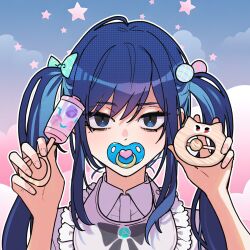 Rule 34 | 1girl, ado (utaite), black eyes, blue bow, blue hair, bow, chando (ado), cloud nine inc, commentary request, hair bow, hands up, highres, long hair, looking at viewer, mole, mole under eye, outline, pacifier, portrait, riseno, sidelocks, solo, twintails, utaite, white outline