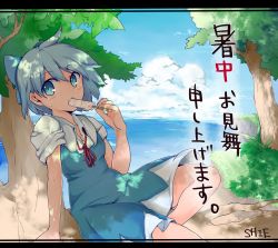 Rule 34 | 1girl, artist name, blue dress, blue eyes, blue hair, blue sky, bow, cirno, cloud, day, dress, food, grass, hair bow, highres, in tree, letterboxed, matching hair/eyes, ocean, outdoors, popsicle, shie320, sitting, sitting in tree, sky, solo, sweatdrop, text focus, touhou, translation request, tree, tree shade