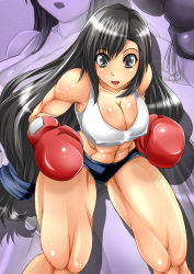 Rule 34 | 1990s (style), 1girl, abs, alop-net, bare shoulders, black eyes, black hair, boxing gloves, breasts, cleavage, covered erect nipples, female focus, final fantasy, final fantasy vii, gloves, highres, large breasts, long hair, muscular, retro artstyle, solo, tank top, tifa lockhart, very long hair