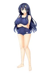 Rule 34 | 1girl, aburidashi zakuro, bare arms, bare legs, bare shoulders, barefoot, black hair, blue one-piece swimsuit, breasts, covered erect nipples, crossed arms, feet, female focus, full body, game cg, green eyes, groin, hair between eyes, highres, large breasts, legs, long hair, looking at viewer, namaikina seitokaichou no himitsu wo abake, one-piece swimsuit, original, parted lips, solo, standing, swimsuit, tachi-e, thighs, toes, transparent background