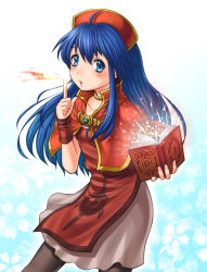 Rule 34 | 1girl, blue background, blue eyes, blue hair, blush, book, capelet, cowboy shot, dress, fire, fire emblem, fire emblem: the binding blade, gradient background, hat, holding, holding book, jewelry, lilina (fire emblem), long hair, matching hair/eyes, nintendo, open mouth, pantyhose, simple background, skirt, solo, soyo2106