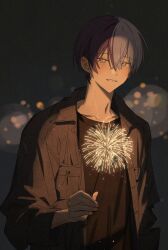Rule 34 | 1boy, aoyagi touya, black shirt, blue hair, commentary, dark blue hair, fireworks, grey eyes, highres, holding, holding fireworks, long sleeves, looking at viewer, male focus, multicolored hair, open clothes, project sekai, samgak, shirt, short hair, simple background, smile, solo, sparkler, split-color hair, symbol-only commentary, teeth, two-tone hair, upper body