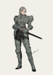 Rule 34 | 1girl, absurdres, armor, armored boots, blue eyes, boots, breastplate, fantasy, faulds, female focus, female knight, fighting stance, full body, gauntlets, grey hair, highres, knight, original, pauldrons, ponytail, ready to draw, sheath, sheathed, shoulder armor, signature, solo, sonech, standing, sword, weapon