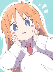 Rule 34 | 1girl, aqua background, blue eyes, blush stickers, commentary, ixy, lab coat, long hair, long sleeves, looking at viewer, necktie, nichijou, orange hair, professor shinonome, red necktie, simple background, solo, symbol-only commentary, upper body