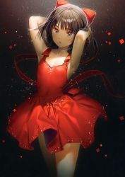 Rule 34 | 1girl, absurdres, armpits, arms behind head, arms up, bare arms, black background, black hair, bow, collarbone, covered navel, cowboy shot, dress, dsmile, grey eyes, hair bow, highres, looking at viewer, original, red bow, red dress, scan, short hair, sleeveless, sleeveless dress, solo, thighs