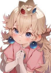 Rule 34 | 1girl, :o, bad id, bad twitter id, blonde hair, blue eyes, blush, crown, dress, earrings, elbow gloves, gloves, hair between eyes, highres, jewelry, long hair, looking at viewer, mario (series), nintendo, own hands together, pink dress, princess peach, ring, ryota (ry o ta), short sleeves, signature, solo, sphere earrings, tears, upper body, white background, white gloves