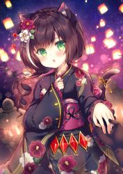 Rule 34 | 1girl, animal ear fluff, animal ears, black gloves, black hair, black kimono, blush, braid, cat ears, cat girl, cat tail, chestnut mouth, fang, fingernails, floral print, flower, frilled sleeves, frills, gloves, green eyes, hair between eyes, hair flower, hair ornament, hatsumoude, highres, japanese clothes, karyl (new year) (princess connect!), karyl (princess connect!), kimono, lantern, long hair, long sleeves, looking at viewer, multicolored hair, new year, night, night sky, obi, out of frame, outdoors, parted lips, princess connect!, print kimono, red flower, ribbon, ringlets, sash, sky, sleeves past wrists, solo focus, star (sky), starry sky, streaked hair, suzunone rena, tail, tail ornament, tail raised, tail ribbon, textless version, white flower, white hair, wide sleeves, yellow ribbon
