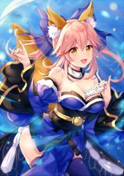 Rule 34 | 10s, 1girl, :d, animal ear fluff, animal ears, bare shoulders, between breasts, blue bow, blue kimono, blue sleeves, blush, bow, breasts, cleavage, collarbone, commentary request, detached sleeves, fate/extra, fate (series), fingernails, fox ears, fox girl, fox shadow puppet, fox tail, hair bow, japanese clothes, juliet sleeves, kimono, large breasts, long hair, long sleeves, looking at viewer, ofuda, open mouth, pf, pink hair, puffy sleeves, purple thighhighs, see-through, smile, solo, strapless, tail, tail raised, tamamo (fate), tamamo no mae (fate/extra), thighhighs, twintails, wide sleeves